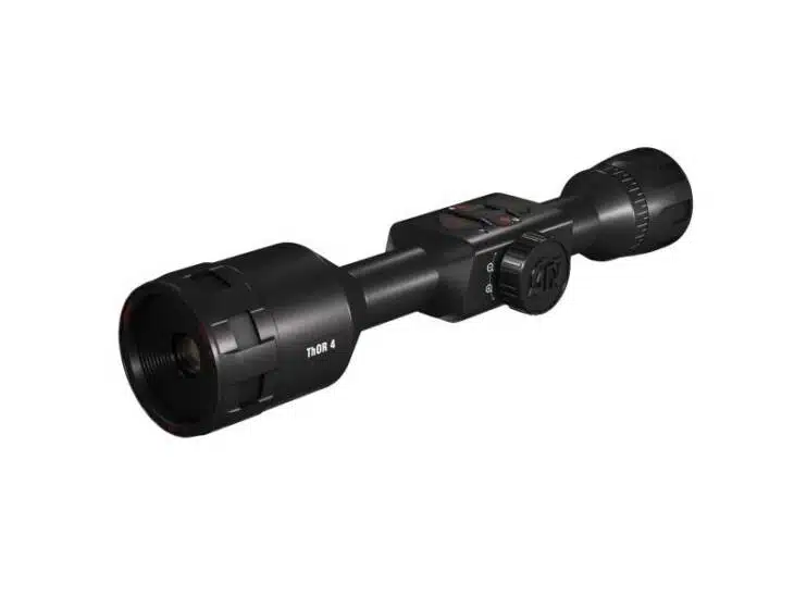 Sleek matte black riflescope with large objective lens and adjustable controls for precision shooting.