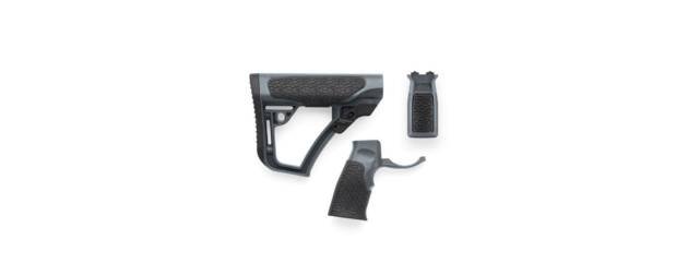 Upgrade your firearm with an adjustable black stock and ergonomic grip for enhanced performance.