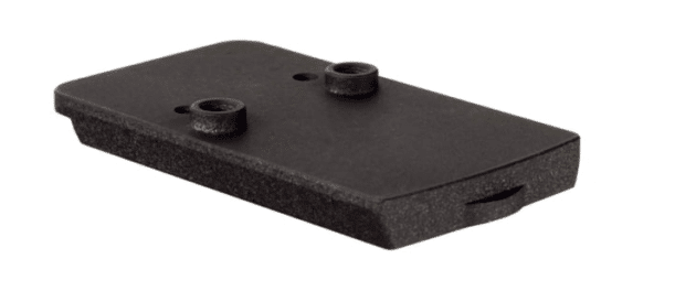 Durable matte black mounting plate with two secure attachment holes for versatile hardware applications.