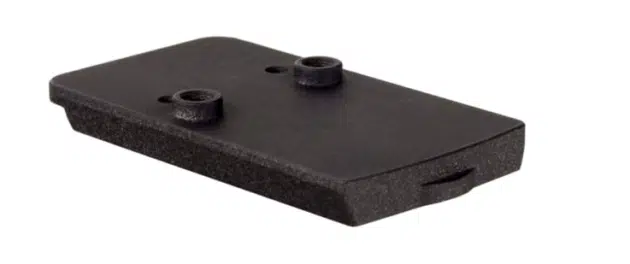 Durable matte black mounting plate with two secure attachment holes for versatile hardware applications.
