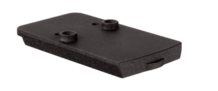 Durable matte black mounting plate with two secure attachment holes for versatile hardware applications.