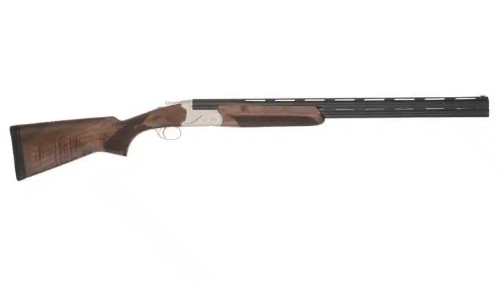 Elegant Trinity LT0321 break-action shotgun with polished hardwood stock and intricate engravings.