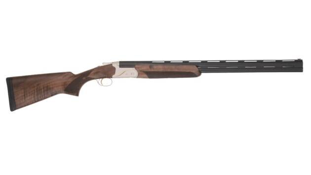 Elegant over-and-under shotgun with wood stock, designed for precision shooting and comfort.