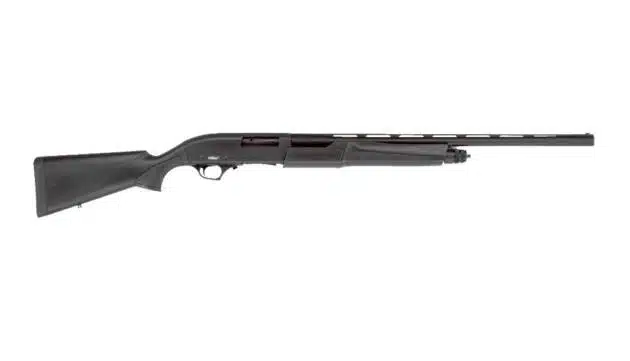 Matte black tactical shotgun with extended barrel and accessory rail for customizable performance.