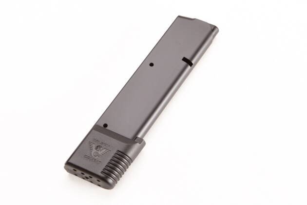 Matte black firearm magazine with extended capacity for reliable semi-automatic performance.