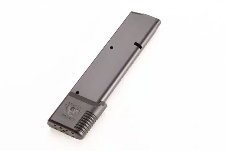 Matte black firearm magazine with extended capacity for reliable semi-automatic performance.