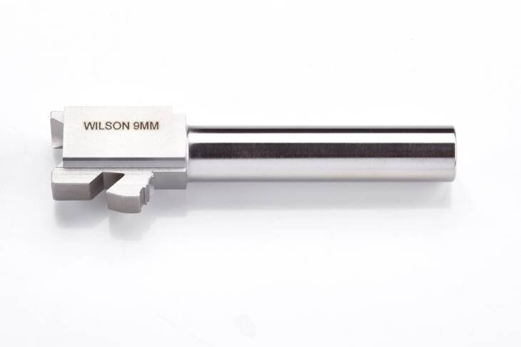 Wilson 9MM stainless steel precision barrel for handguns, enhancing accuracy and customization.
