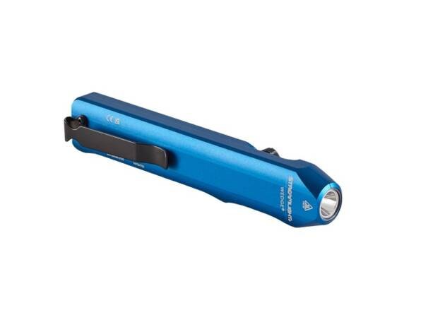 Compact blue LED flashlight with pocket clip for easy carrying and versatile lighting solutions.