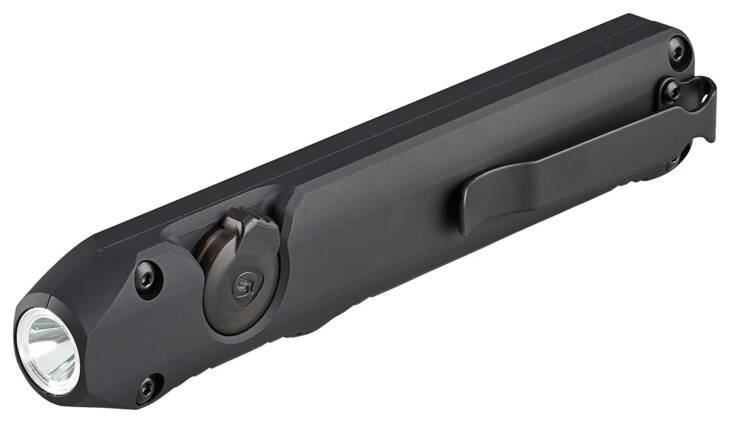 Sleek compact flashlight with adjustable brightness, durable design, and convenient pocket clip for outdoor use.