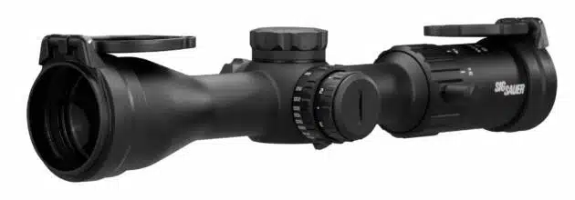 Durable black riflescope with adjustable turrets for enhanced shooting precision in any conditions.