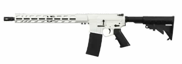 Sleek white AR-style rifle with adjustable stock, ventilated handguard, perfect for sport or tactical use.