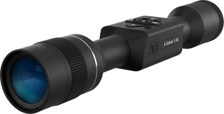 Sleek ergonomic thermal scope with blue lens, perfect for low-light hunting and tactical use.