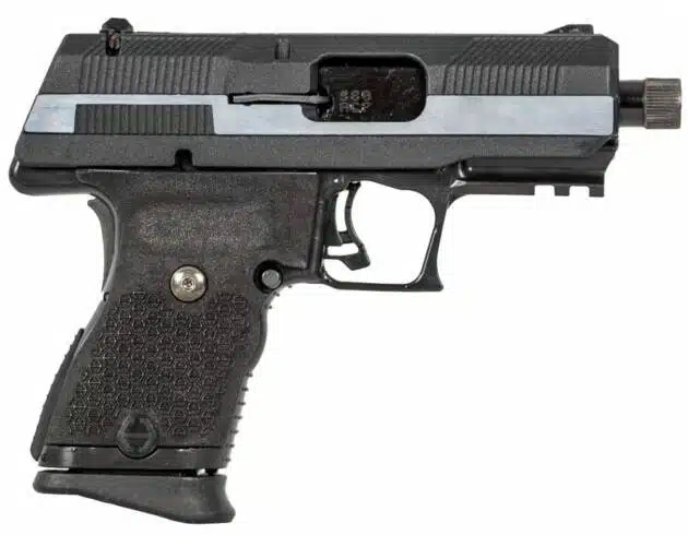 Ergonomic semi-automatic handgun, sleek design, stainless steel accents, ideal for concealed carry and defense.