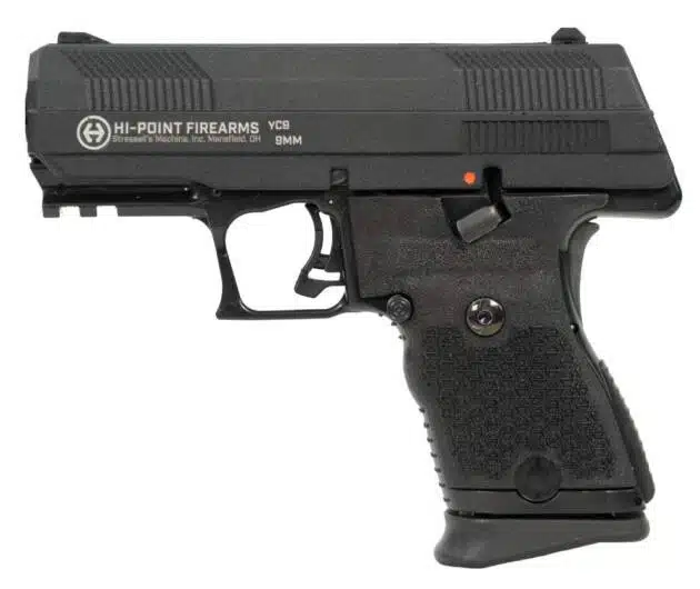 Hi-Point semi-automatic handgun with matte finish, ergonomic grip, safety features, and accessory rail.
