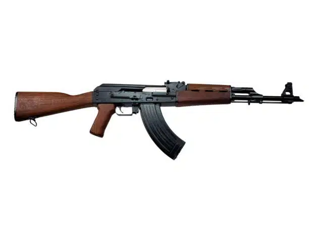 Classic assault rifle with wood accents, curved magazine, and adjustable firing modes.