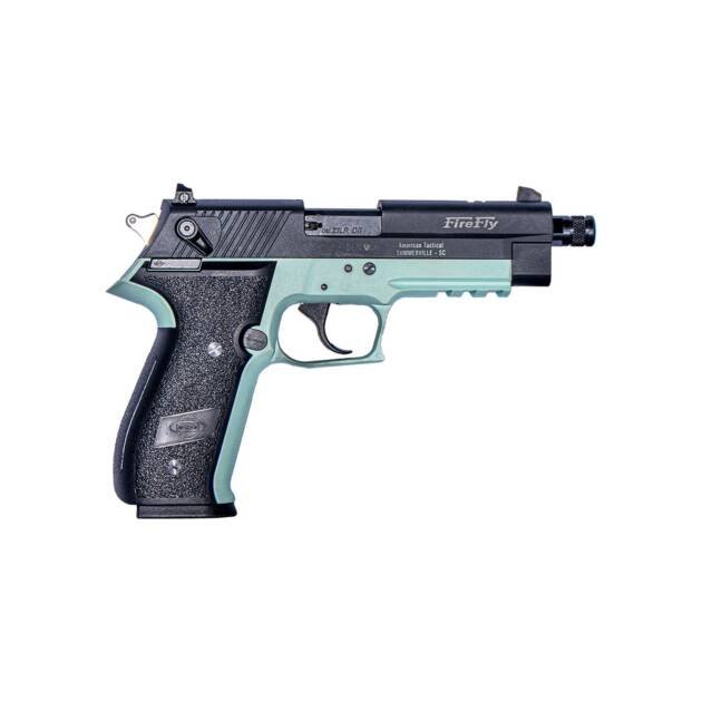 Modern semi-automatic pistol with teal accents, textured grip, and tactical rail for accessories.