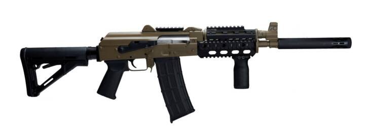 Tactical desert rifle with modular features, adjustable stock, and suppressor for covert operations.