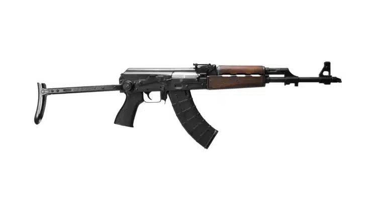 AK-47 rifle with wooden stock, curved magazine, and robust steel construction, symbolizing military strength.
