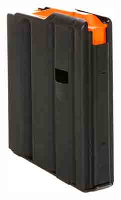 Durable black magazine with orange follower, designed for reliable performance in various firearms.