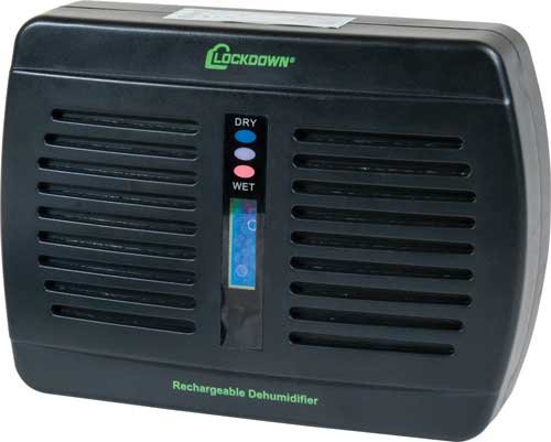 Modern LOCKDOWN rechargeable dehumidifier with digital display and dual humidity indicator lights.