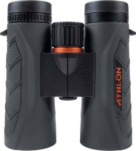 Athlon binoculars with ergonomic grip and smooth focus for outdoor activities like birdwatching and hiking.