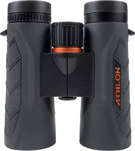 Athlon binoculars with ergonomic grip and smooth focus for outdoor activities like birdwatching and hiking.