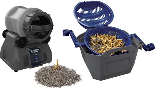 Efficient brass cleaning tumbler system with stainless steel media for polished casings.