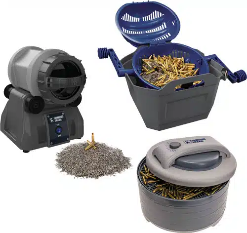 Efficient brass cleaning equipment setup for reloaders featuring tumbler, vibratory cleaner, and media.