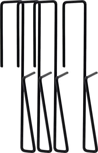 Durable black metal stakes for securing outdoor items, ideal for camping and gardening.