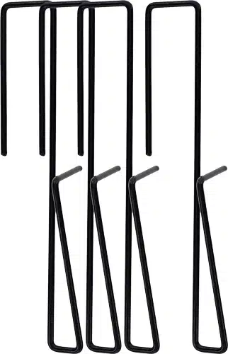 Durable black metal stakes for securing outdoor items, ideal for camping and gardening.