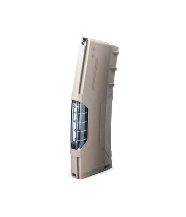 Compact tan tactical firearm magazine with transparent window for easy ammunition visibility and secure handling.