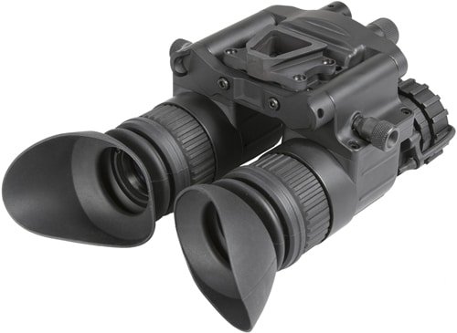 Tactical black binoculars with comfort eye cups and versatile mounting system for outdoor use.