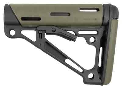 Sleek adjustable rifle stock in black and olive green, designed for comfort and stability.