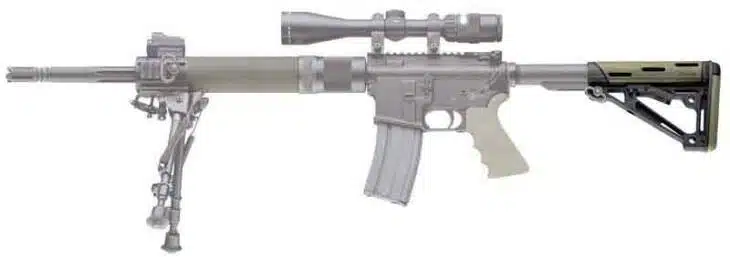 Sleek semi-automatic rifle with adjustable scope and bipod, perfect for precision shooting and versatility.