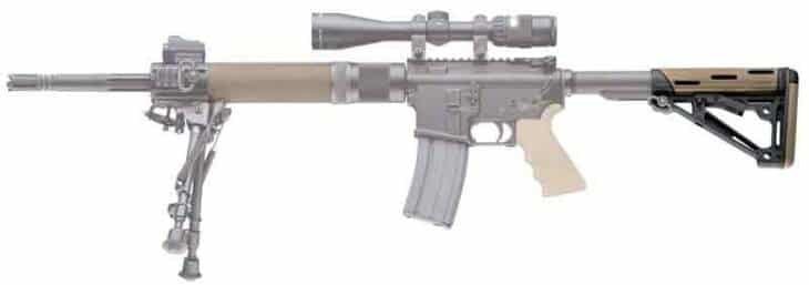 Sleek semi-automatic tactical rifle with adjustable stock, scope, and versatile features for precision shooting.
