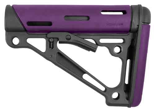 Vibrant purple tactical stock with collapsible design for versatile firearm customization and use.