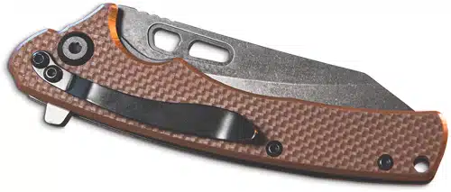 Stylish folding knife with a textured brown handle and sleek stainless steel blade for reliable use.
