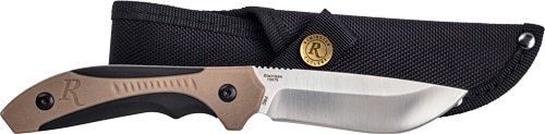 Durable stainless steel knife with ergonomic handle and protective sheath for versatile outdoor use.