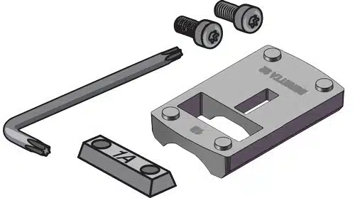 Versatile mechanical assembly kit with metal plate, screws, and Allen wrench for easy installation.