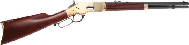 Classic golden lever-action rifle with dark walnut stock, perfect for collectors and enthusiasts.
