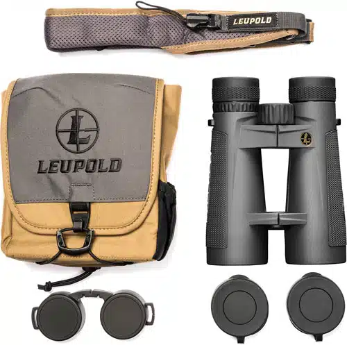 Leupold binocular kit: premium optics, rugged bag, adjustable strap, and lens covers for outdoor adventures.