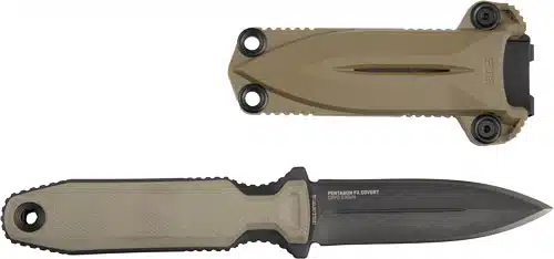 Durable tactical knife with ergonomic handle and versatile sheath for outdoor and survival use.