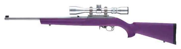 Vibrant purple bolt-action rifle with stainless barrel and precision scope for accurate shooting.