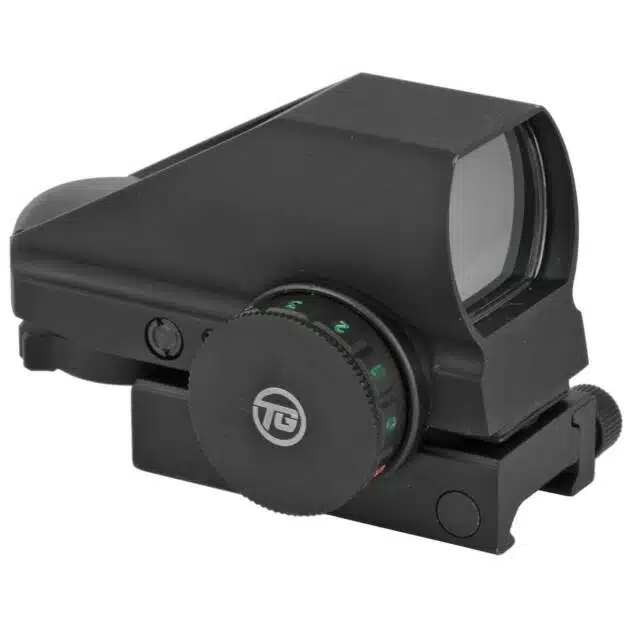 Compact red dot sight with adjustable brightness and secure mounting for precision shooting.