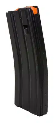 Curved black firearm magazine with orange follower for reliable automatic and semi-automatic use.