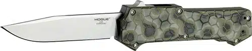 Stylish folding knife with polished stainless steel blade and textured green ergonomic handle.