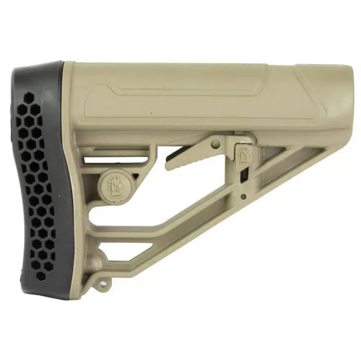 Adjustable tan rifle stock with textured grip and recoil-absorbing rubber pad for enhanced comfort.