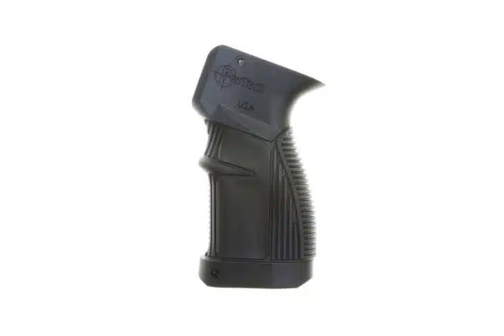 Ergonomic black firearm grip for improved control, comfort, and versatility for all users.