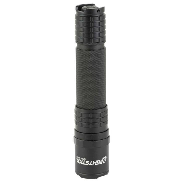 Compact black flashlight with rubber grip, multiple brightness settings, ideal for outdoor and emergency use.