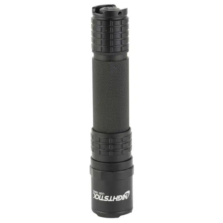 Compact black flashlight with rubber grip, multiple brightness settings, ideal for outdoor and emergency use.